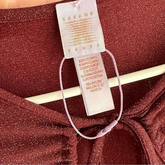 Savage X Fenty Red Burgundy Shimmer Sleep & Shine Long-Sleeve Cropped Top - Picture 6 of 8